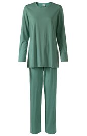 Zweiteiliges Schlafanzugset in mattgrün, langärmliges Oberteil mit rundem Halsausschnitt, gerade geschnitten, lange gerade Hose mit elastischem Bund, schlicht ohne Muster oder weitere Details