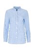 Hellblaue Bluse mit feinen weißen Streifen, Stehkragen, lange Ärmel, weiße Knöpfe, gerade geschnitten