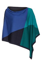 Dreifarbiger Poncho in Blau, Petrol und Dunkelgrün, asymmetrischer Saum, ohne Ärmel, offener Schlitz für Kopf, weite Passform
