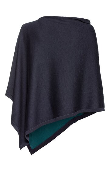 Schwarzer Poncho mit asymmetrischem Saum, rundem Halsausschnitt, keine Muster, glatt, keine erkennbaren Verschlüsse oder Verzierungen