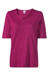 Kurzärmeliges T-Shirt in Magentarot, unifarben, mit kleinem V-förmigen Ausschnitt, lockere Passform