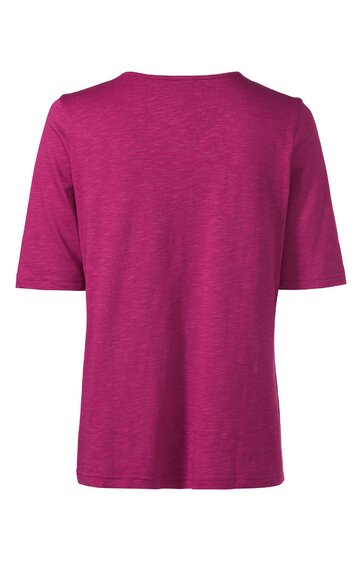 Damen-T-Shirt in fuchsia, einfarbig, Rundhalsausschnitt, kurze Ärmel, lockere Passform, Rückenansicht