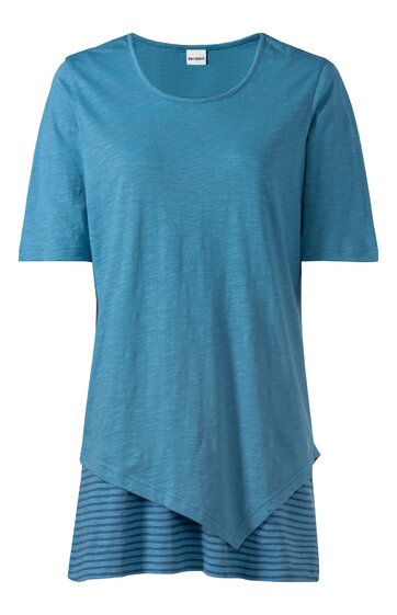 Damenoberteil in türkis, einfarbig, kurzer Ärmel, Rundhalsausschnitt, asymmetrischer Saum, unterer Bereich mit horizontalen Streifen in dunklerem Türkis