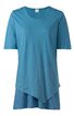 Damenoberteil in türkis, einfarbig, kurzer Ärmel, Rundhalsausschnitt, asymmetrischer Saum, unterer Bereich mit horizontalen Streifen in dunklerem Türkis