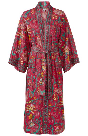 Roter Kimono mit buntem Blumenmuster, langer Schnitt, weiter Ärmel, Gürtel zum Binden, schwarzer Zierstreifen entlang der Ränder
