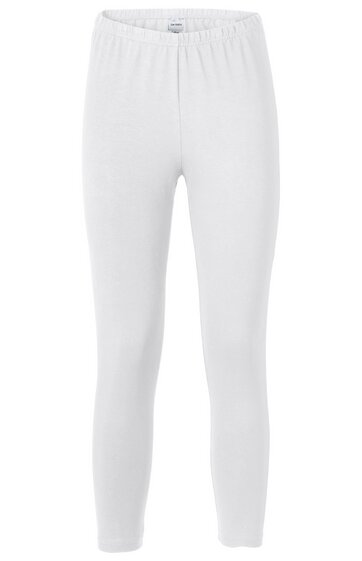 Weiße lange Leggings ohne Muster, elastischer Bund, eng anliegend, ohne sichtbare weitere Details