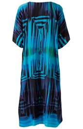 Locker geschnittenes Kleid in Blau und Schwarz, abstraktes Linien- und Rechteckmuster, kurze Flügelärmel, knielang, rundhalsausschnitt