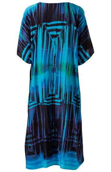 Locker geschnittenes Kleid in Blau und Schwarz, abstraktes Linien- und Rechteckmuster, kurze Flügelärmel, knielang, rundhalsausschnitt