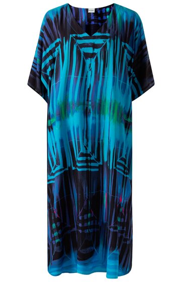 Maxikleid in Blau- und Schwarztönen mit geometrischem Streifenmuster, Rundhalsausschnitt, kurze weite Ärmel, lockere lange Form