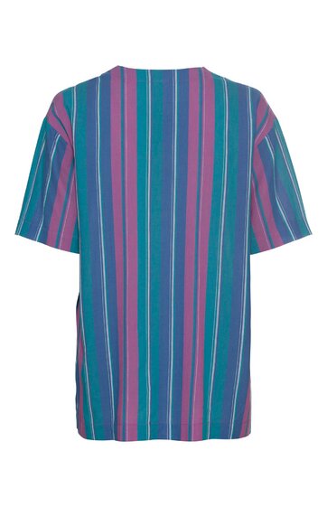 Kurzärmliges Hemd in Petrolblau mit senkrechten Streifen in Türkis, Hellblau, Weiß und Magenta, Rundhalsausschnitt, gerade geschnitten
