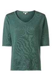 Damenoberteil in dunkelgrün, uni, V-Ausschnitt, halblange Ärmel, gerade geschnitten