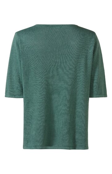 Dunkelgrünes T-Shirt ohne Muster, halblange Ärmel, gerader Schnitt, Rundhalsausschnitt, Rückansicht