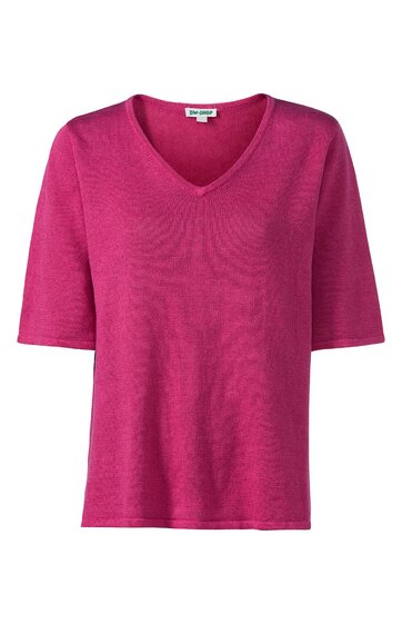 Kurzärmliges T-Shirt in pink, einfarbig, V-Ausschnitt, gerade geschnitten