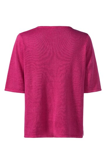 Unifarbenes pinkfarbenes T-Shirt, Rundhalsausschnitt, halblange Ärmel, gerade geschnittene Form, Rückansicht, ohne Muster oder weitere Details