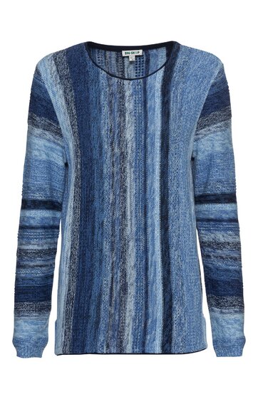 Langärmliger Pullover in verschiedenen Blautönen, vertikale Streifen, Rundhalsausschnitt, gerade geschnitten