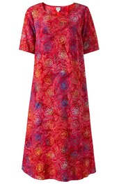 Rotes Midikleid mit kurzem Ärmel, rundem Ausschnitt, Blumenmuster in Orange, Blau, Gelb, gerade geschnitten