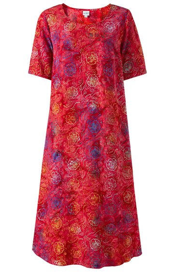 Rotes Midikleid mit kurzem Ärmel, rundem Ausschnitt, Blumenmuster in Orange, Blau, Gelb, gerade geschnitten