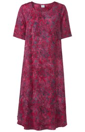 Rotes, kurzärmliges Kleid mit dunkelblauem Blumenmuster, rundem Halsausschnitt, knielang, lockere A-Linien-Form