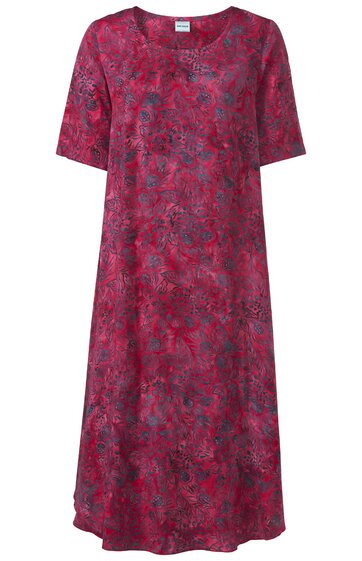 Rotes, kurzärmliges Kleid mit dunkelblauem Blumenmuster, rundem Halsausschnitt, knielang, lockere A-Linien-Form