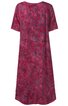 Knielanges lockeres Kleid in dunklem pink mit floralem Muster, Rundhalsausschnitt, kurze Ärmel, gerade geschnitten
