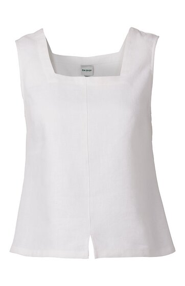 Weißes ärmelloses Top mit weiter Passform, eckigem Ausschnitt, mittiger Naht vorne, kurzer kleiner Schlitz am Saum