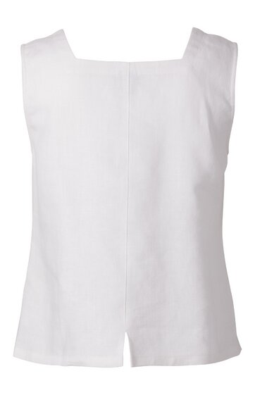 Weißes ärmelloses Damenoberteil, gerade geschnitten, quadratischer Ausschnitt, Längsnaht in der Mitte, Rückseite mit kleinem Schlitz am Saum