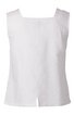 Weißes ärmelloses Damenoberteil, gerade geschnitten, quadratischer Ausschnitt, Längsnaht in der Mitte, Rückseite mit kleinem Schlitz am Saum