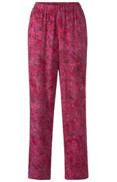 Hose in dunklem pink mit schwarz-grauem abstraktem Muster, elastischer Bund, gerade geschnitten, ohne sichtbare Taschen