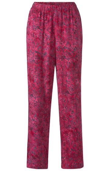 Hose in dunklem pink mit schwarz-grauem abstraktem Muster, elastischer Bund, gerade geschnitten, ohne sichtbare Taschen