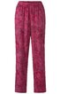 Hose in dunklem pink mit schwarz-grauem abstraktem Muster, elastischer Bund, gerade geschnitten, ohne sichtbare Taschen