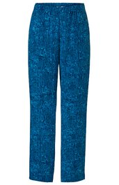 Hose in dunklem Petrolblau mit abstraktem Linienmuster, gerade Form, elastischer Bund ohne sichtbare Verschlüsse