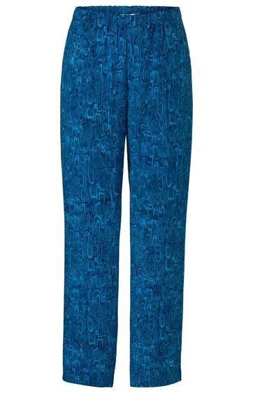 Hose in dunklem Petrolblau mit abstraktem Linienmuster, gerade Form, elastischer Bund ohne sichtbare Verschlüsse