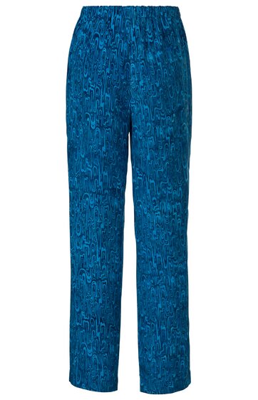 Hose in mittlerem Blau mit abstraktem Muster, gerader Schnitt, elastischer Bund ohne sichtbare Verschlüsse, lange Beine