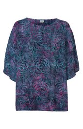 Damenbluse in Dunkelblau mit pinken und weißen kreisförmigen Mustern, Rundhalsausschnitt, weite 3/4-Ärmel, gerade geschnitten