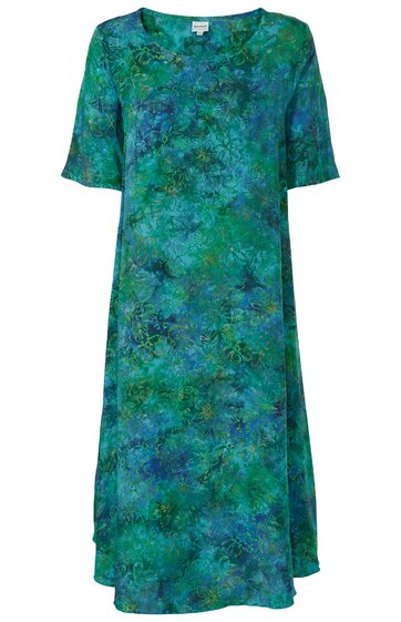 Grünes Midikleid mit blauem Blumenmuster, Rundhalsausschnitt, halblange Ärmel, lockere A-Linien-Form