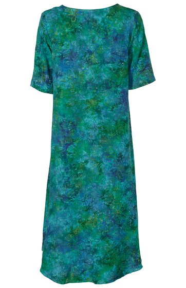 Blaus grünes Kleid mit abstraktem Muster, kurze Ärmel, Rundhalsausschnitt, knielang, gerade geschnitten