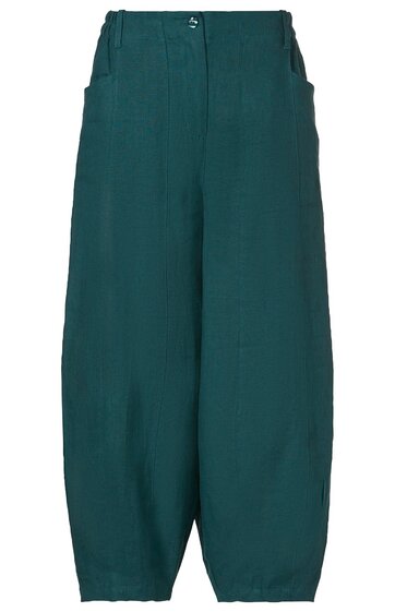 Locker geschnittene Hose in dunklem Tannengrün, ohne Muster, mit hohem Bund, zwei großen aufgesetzten Taschen vorne, Knopf und Reißverschlussverschluss, weite Beine, gekräuselte Beinabschlüsse