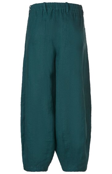 Weite, dunkelgrüne Hose ohne Muster, elastischer Bund, lange Beine, geschlossene Beinabschlüsse