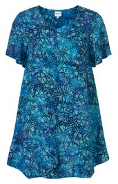 Blaues Kurzarmshirt mit abstraktem dunkelblauem Muster, Rundhalsausschnitt, gerader Schnitt