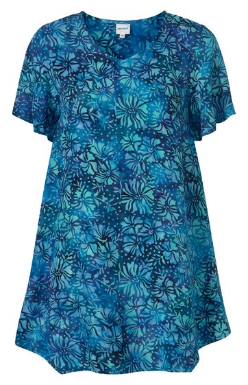 Blaues Kurzarmshirt mit abstraktem dunkelblauem Muster, Rundhalsausschnitt, gerader Schnitt