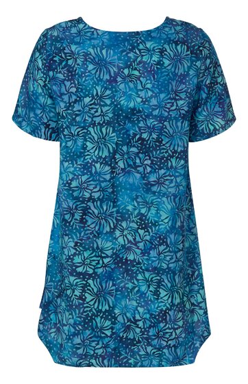 Blaues kurzärmeliges Kleid mit floralen Mustern in dunkleren Blautönen, Rundhalsausschnitt, kurze Ärmel, locker geschnitten