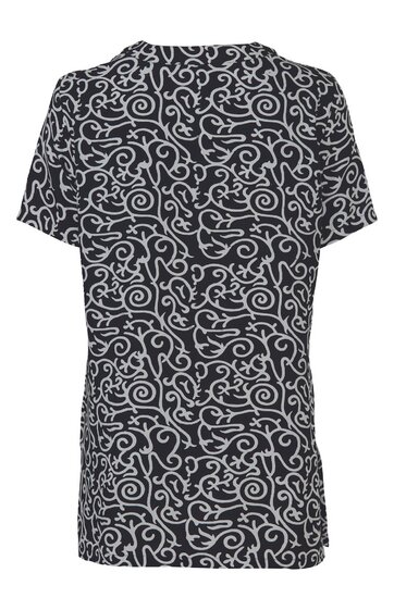 Dunkelgraues T-Shirt mit weißem, abstraktem, geschwungenem Linienmuster, Rundhalsausschnitt, kurze Ärmel, gerade geschnitten