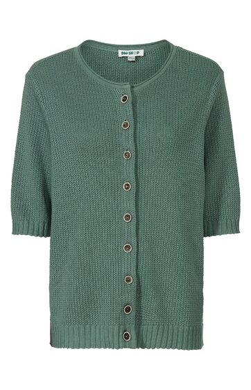 Kurzarm-Strickjacke in mattgrün, feines Rippstrickmuster, rundhalsausschnitt, durchgehende Knopfleiste mit runden braunen Knöpfen, gerade geschnitten, Bündchen an Ärmeln und Saum