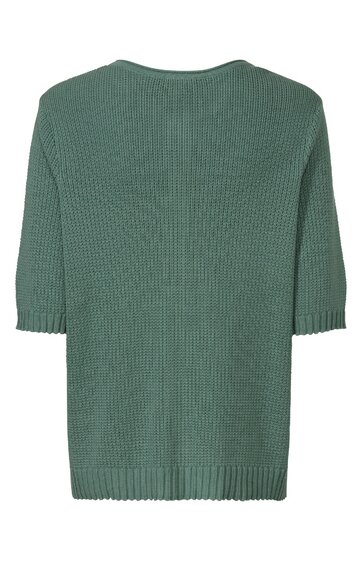 Grüner Pullover mit Strukturmuster, halblange Ärmel, Rundhalsausschnitt, gerader Schnitt, gerippte Bündchen an Ärmeln und Saum