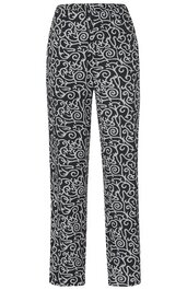 Schwarze lange Hose mit weißem, ornamentalem Muster, geradem Schnitt, elastischem Bund, keine sichtbaren Verschlüsse
