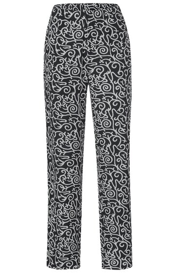 Schwarze lange Hose mit weißem, ornamentalem Muster, geradem Schnitt, elastischem Bund, keine sichtbaren Verschlüsse