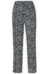 Schwarze lange Hose mit weißem, ornamentalem Muster, geradem Schnitt, elastischem Bund, keine sichtbaren Verschlüsse