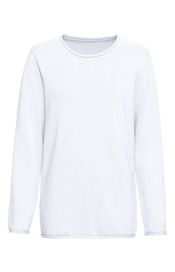 Langärmeliges weißes Shirt, rundhals, schlichter Schnitt, gerade Form ohne Muster oder zusätzliche Details