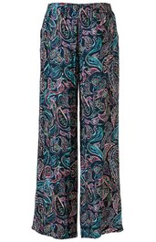 Weite Hose in Dunkelgrün mit Paisley-Muster in Hellblau und Rosa, elastischer Bund, lange gerade geschnittene Beine