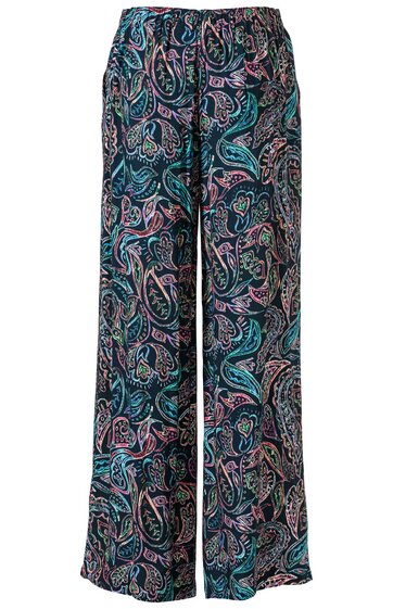 Weite Hose in Dunkelgrün mit Paisley-Muster in Hellblau und Rosa, elastischer Bund, lange gerade geschnittene Beine